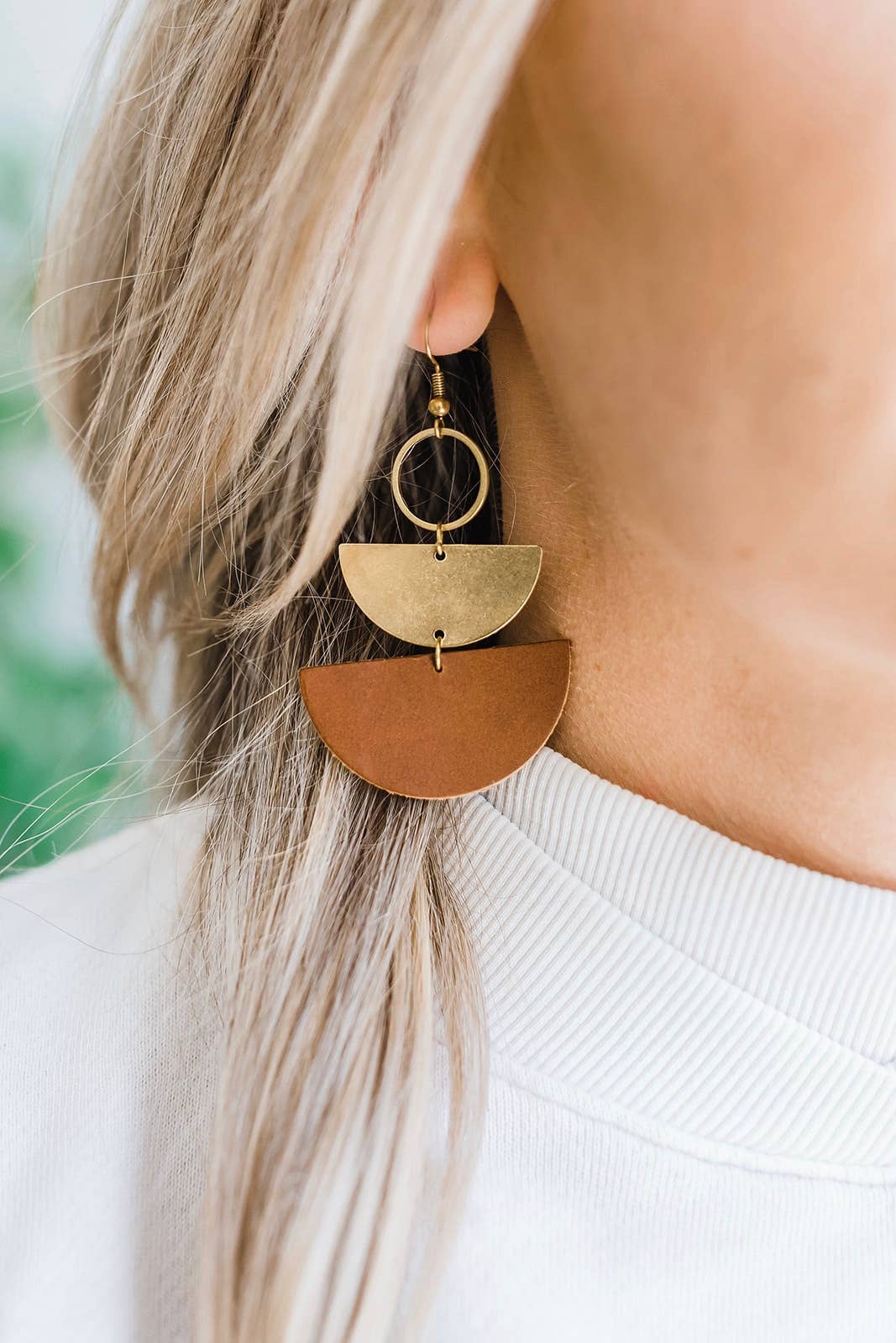 Whitebirch Handmade Goods - Brown Leather & Brass Stacked Half Moon Dangle Earrings - 14k Gold Fill Hooks