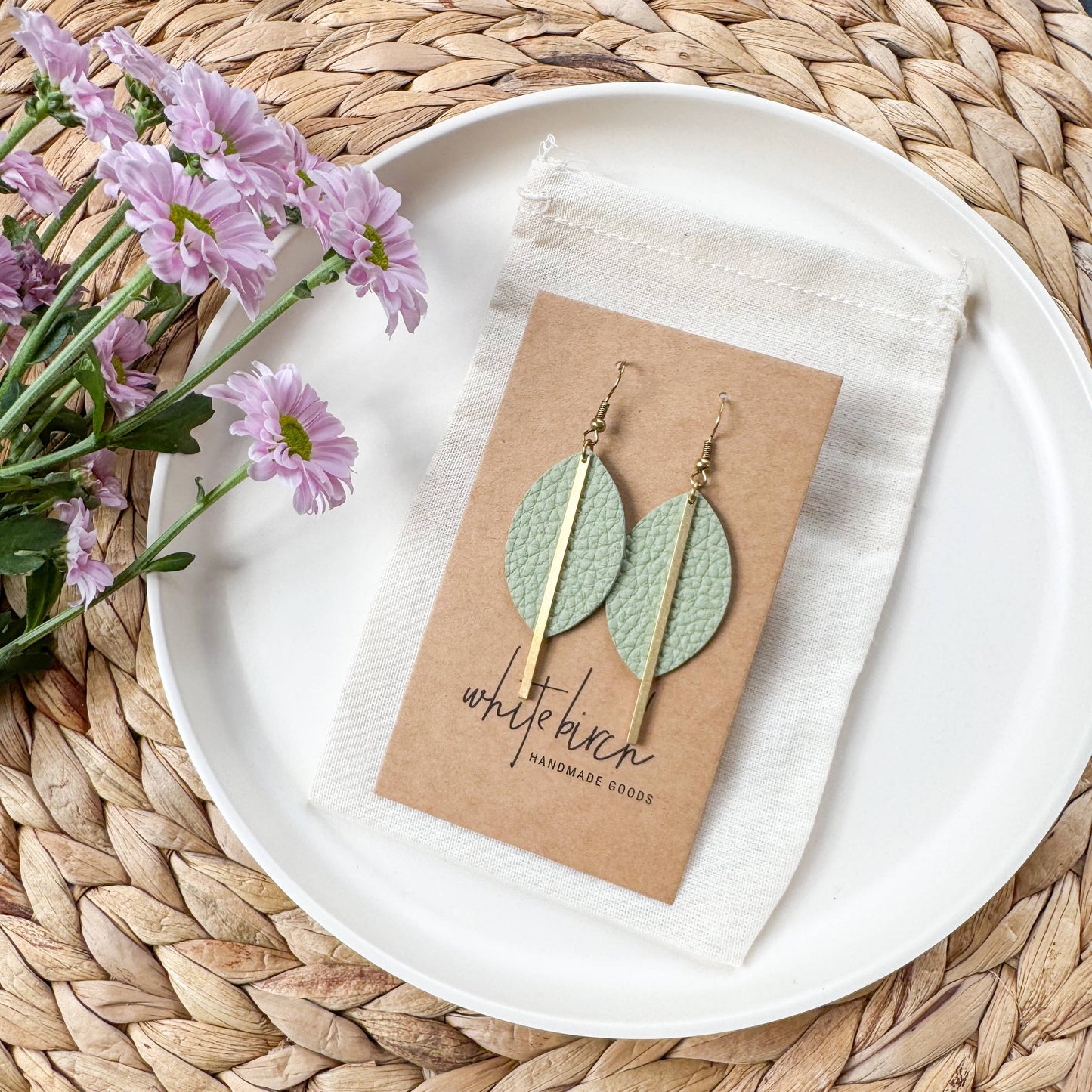 Whitebirch Handmade Goods - Cottage Mint Leather Petal and Brass Bar Earrings - Raw Brass