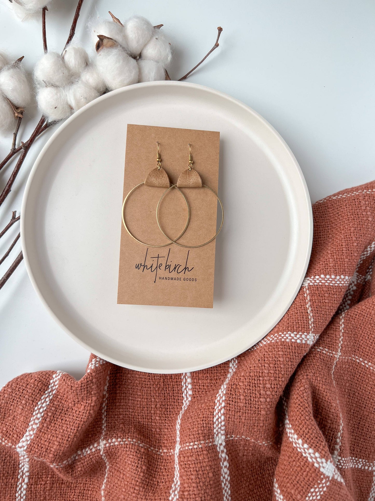 Whitebirch Handmade Goods - Distressed Camel Leather & Brass Circle Earrings - 14k Gold Fill Hooks