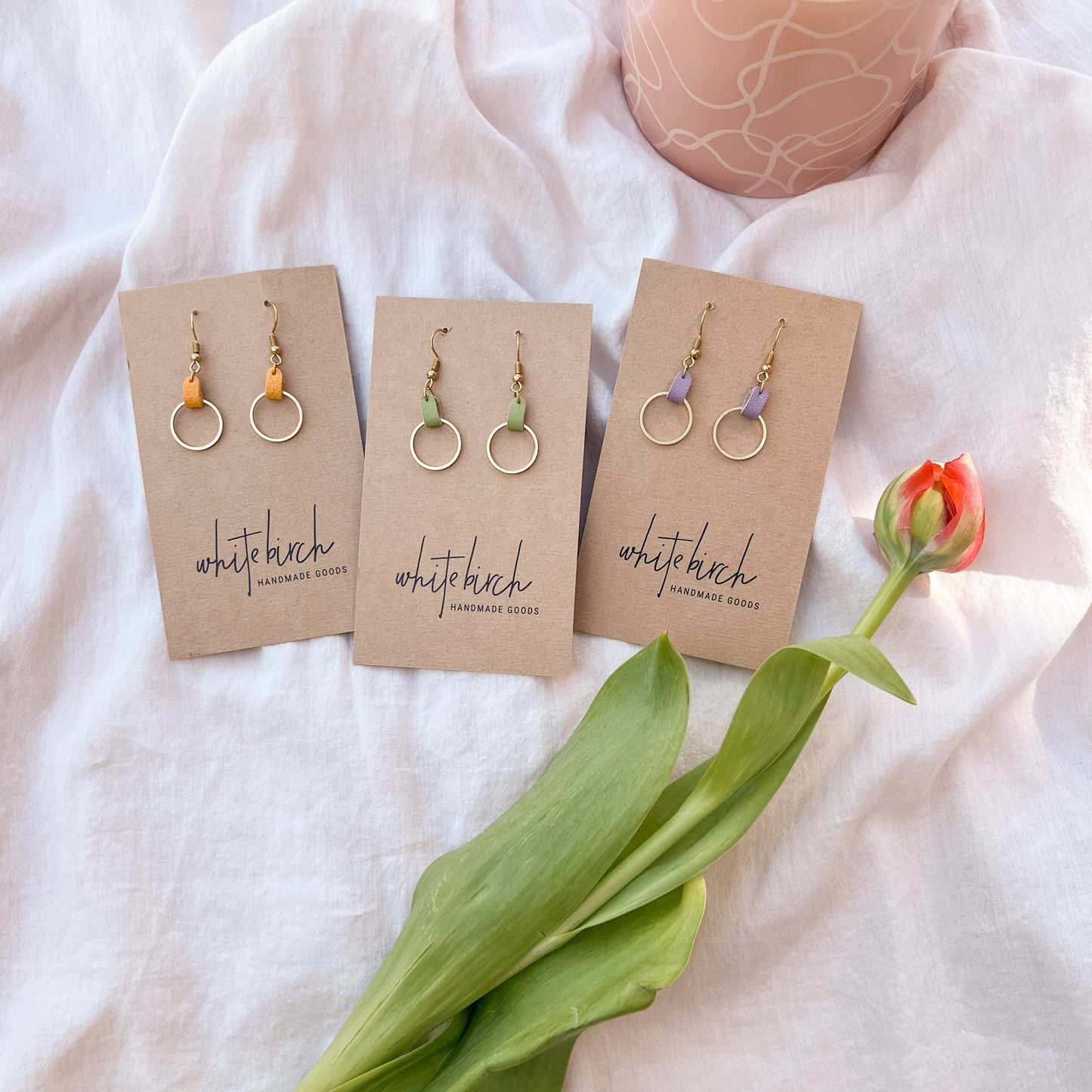Whitebirch Handmade Goods - Lime Green Leather & Small Brass Circle Earrings - 14k Gold Fill