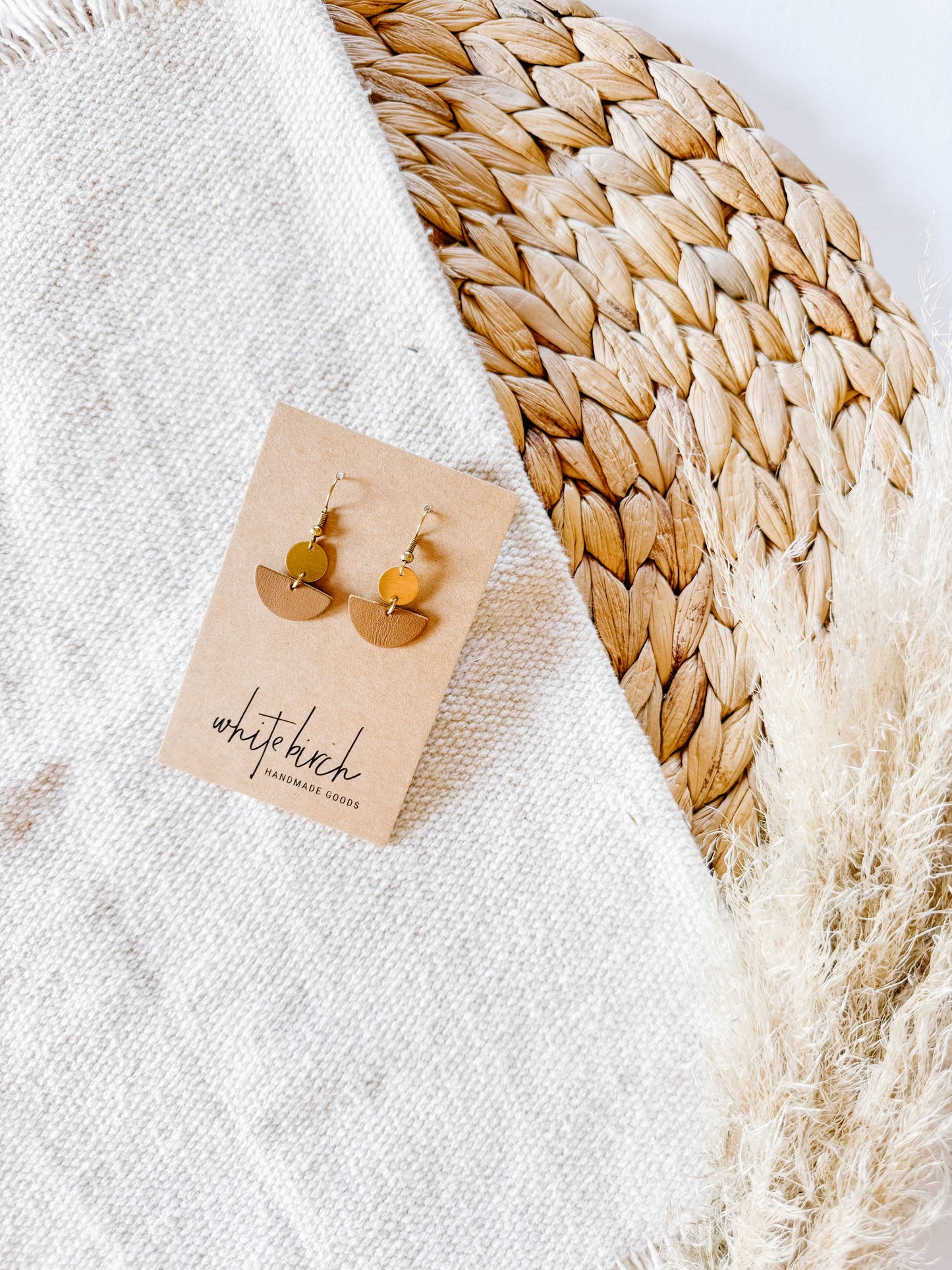 Whitebirch Handmade Goods - Small London Tan Leather Half Moon Earrings With Brass Disc - 14k Gold Fill