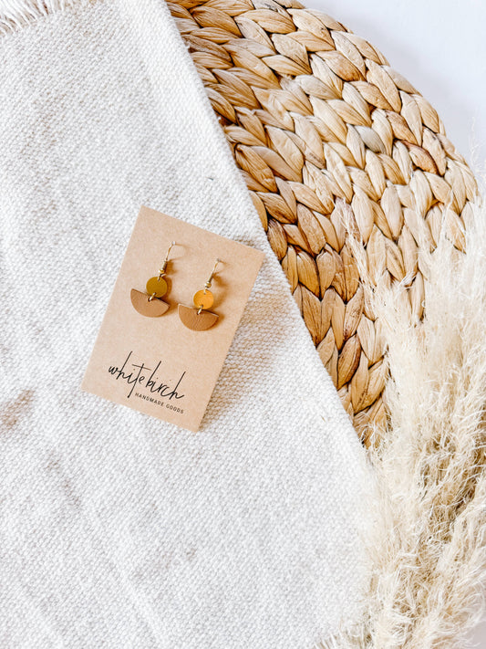 Whitebirch Handmade Goods - Small London Tan Leather Half Moon Earrings With Brass Disc - 14k Gold Fill