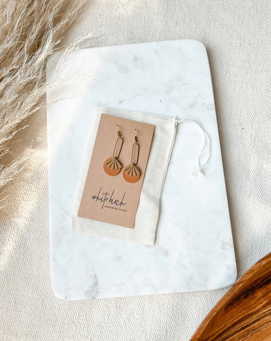 Whitebirch Handmade Goods - Tan Brown Leather & Brass Sunburst Geometric Earrings - 14k Gold Fill Hooks