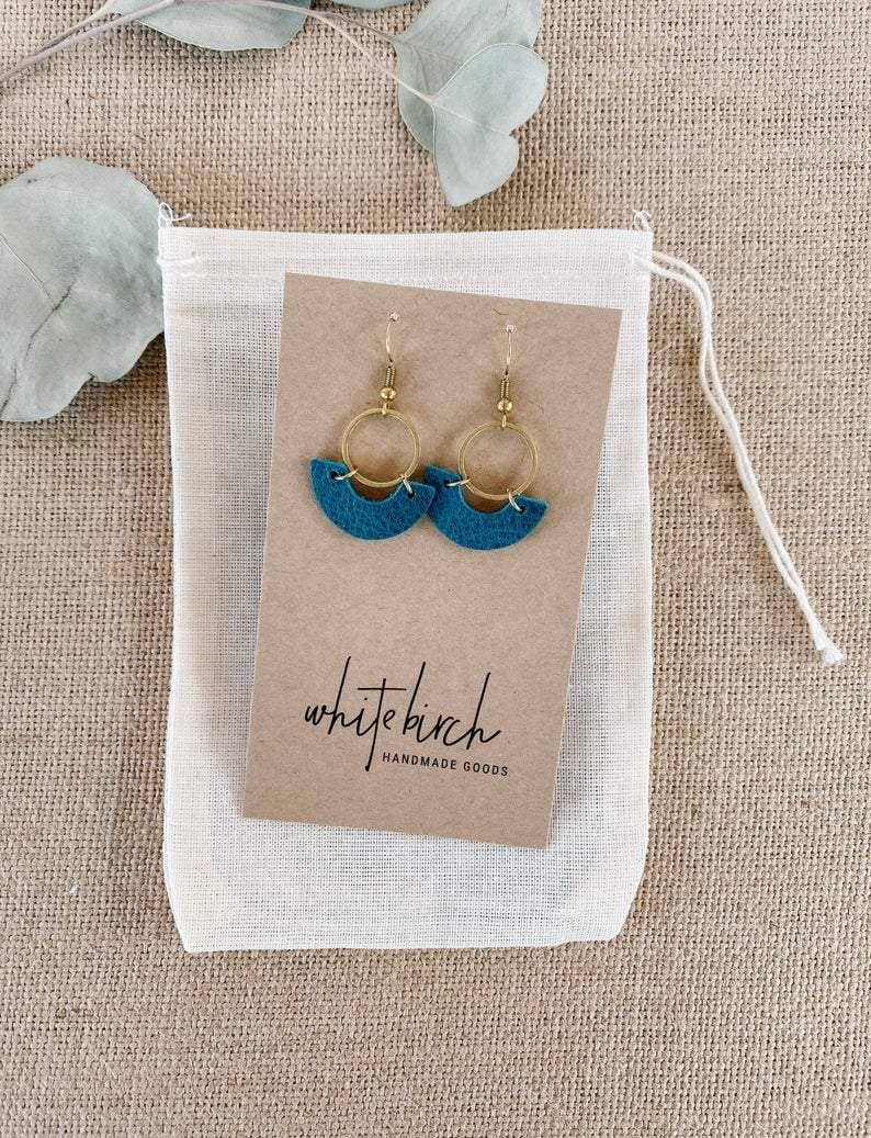 Whitebirch Handmade Goods - Teal Blue Leather and Brass Ring Earrings - 14k Gold Fill Hooks
