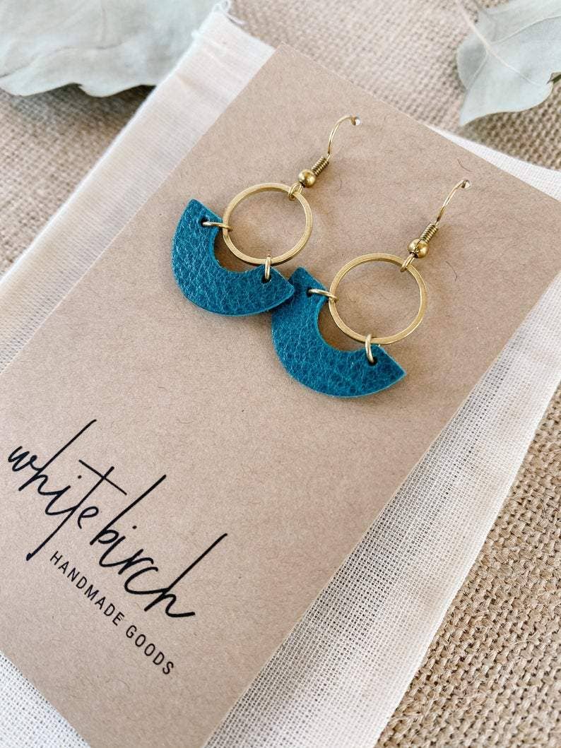 Whitebirch Handmade Goods - Teal Blue Leather and Brass Ring Earrings - 14k Gold Fill Hooks
