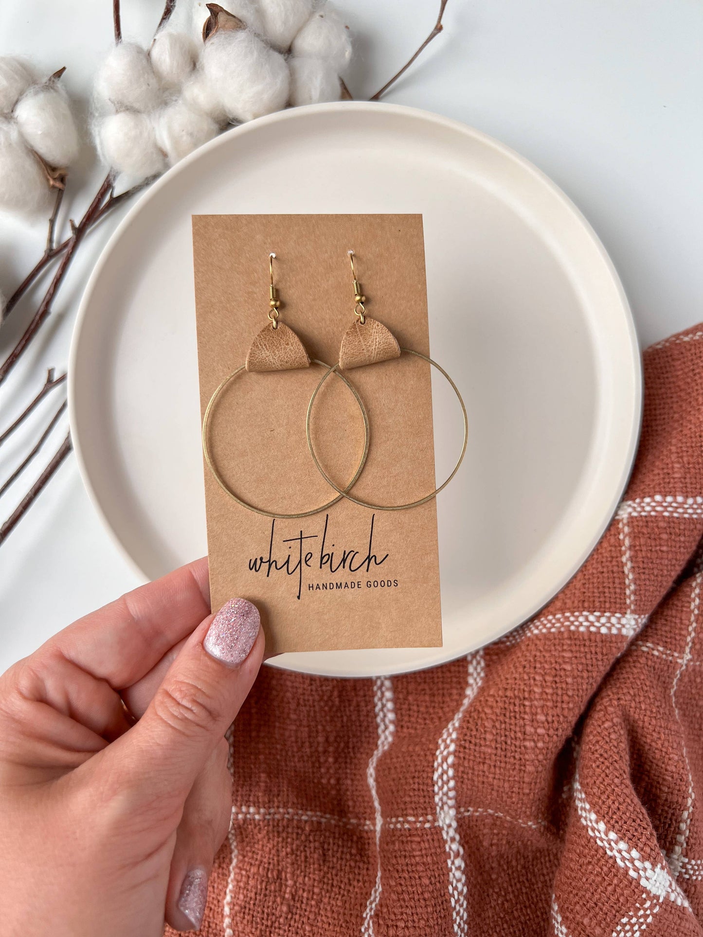 Whitebirch Handmade Goods - Distressed Camel Leather & Brass Circle Earrings - 14k Gold Fill Hooks