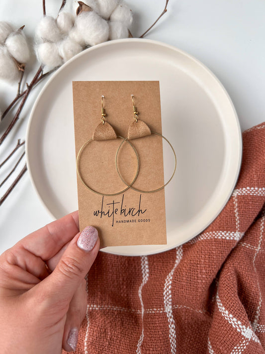 Whitebirch Handmade Goods - Distressed Camel Leather & Brass Circle Earrings - 14k Gold Fill Hooks