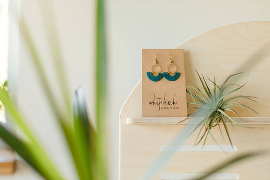 Whitebirch Handmade Goods - Teal Blue Leather and Brass Ring Earrings - 14k Gold Fill Hooks