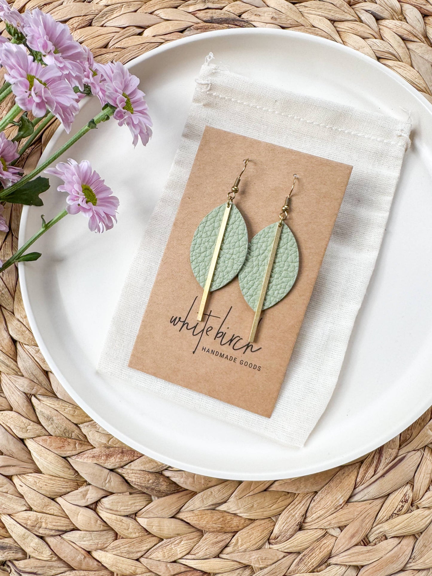 Whitebirch Handmade Goods - Cottage Mint Leather Petal and Brass Bar Earrings - Raw Brass