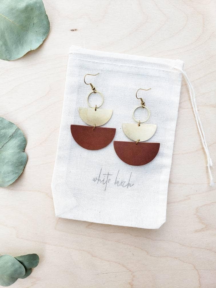 Whitebirch Handmade Goods - Brown Leather & Brass Stacked Half Moon Dangle Earrings - 14k Gold Fill Hooks