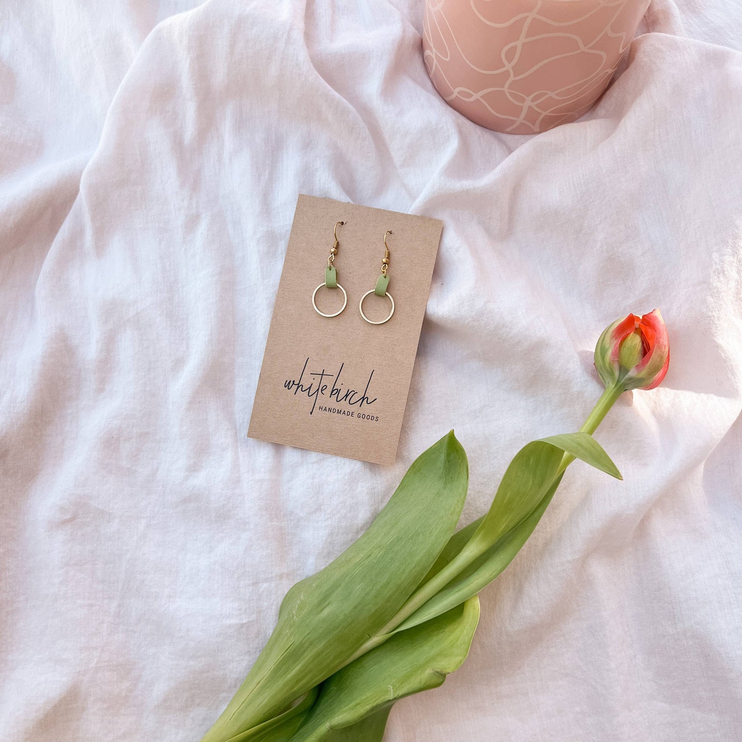 Whitebirch Handmade Goods - Lime Green Leather & Small Brass Circle Earrings - 14k Gold Fill