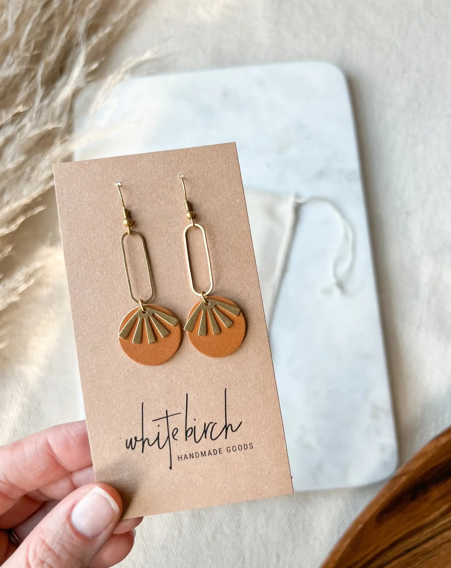 Whitebirch Handmade Goods - Tan Brown Leather & Brass Sunburst Geometric Earrings - 14k Gold Fill Hooks