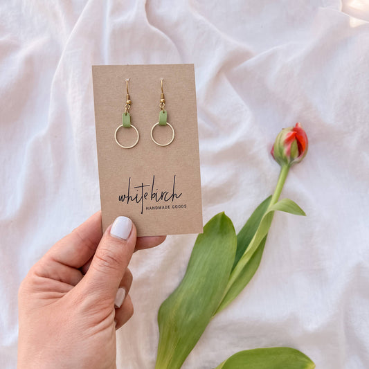 Whitebirch Handmade Goods - Lime Green Leather & Small Brass Circle Earrings - 14k Gold Fill