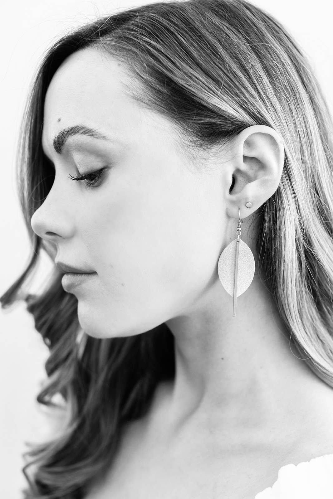 Whitebirch Handmade Goods - Cottage Mint Leather Petal and Brass Bar Earrings - Raw Brass