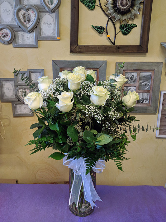 Valentine's Day 12 White Roses in a Vase